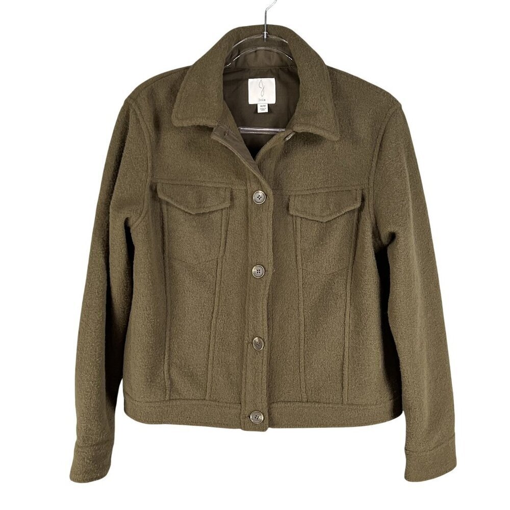 Joie Women M Olive Green Moto Cropped Shacket Button Front Bomber Jacket Pockets
